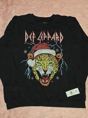 Def Leppard Black Christmas Sweatshirt Women’s Size 2X Santa Hat Leopard Holiday
